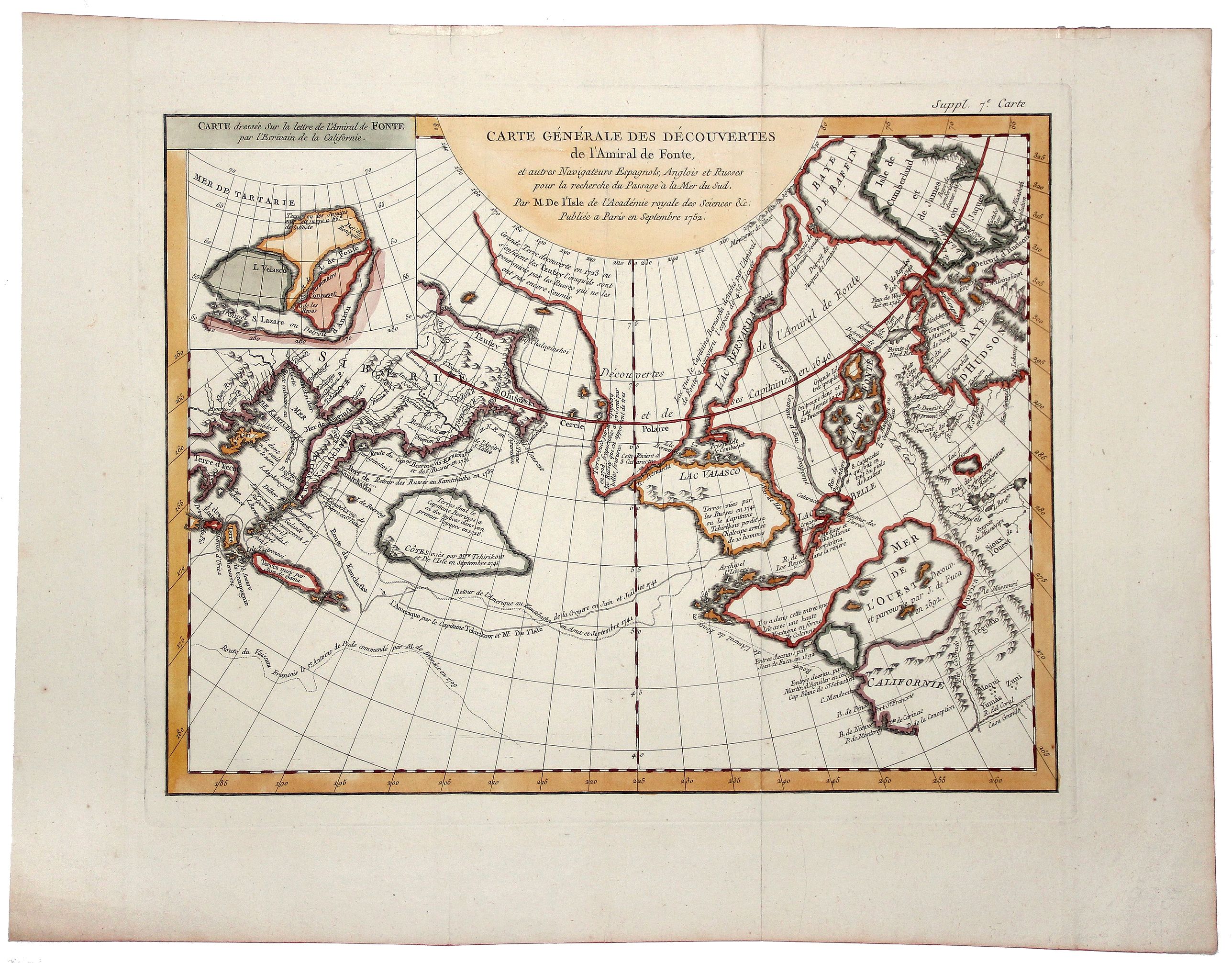 DIDEROT, Denis - DE VAUGONDY, Didier Robert, CARTE GENERALE DES DECOUVERTES de l'Amiral de Fonte, et autres navigateurs. . ., antique map, old maps