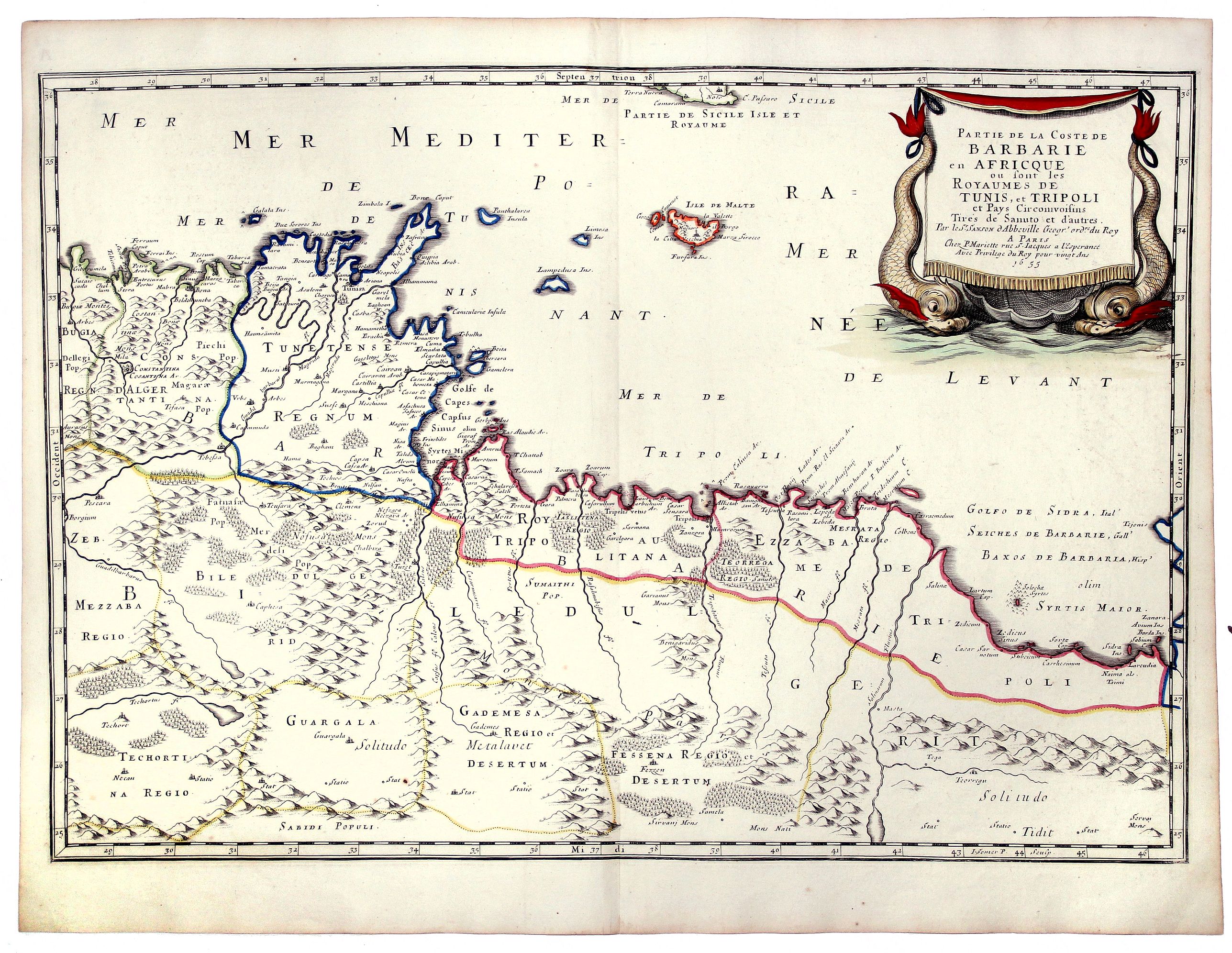 SANSON, Nicolas., Partie de la Coste de BARBARIE en AFRICQUE ou sont les ROYAUMES de TUNIS, et TRIPOLI et Pays Circonivoissins. ... 1655., antique map, old maps