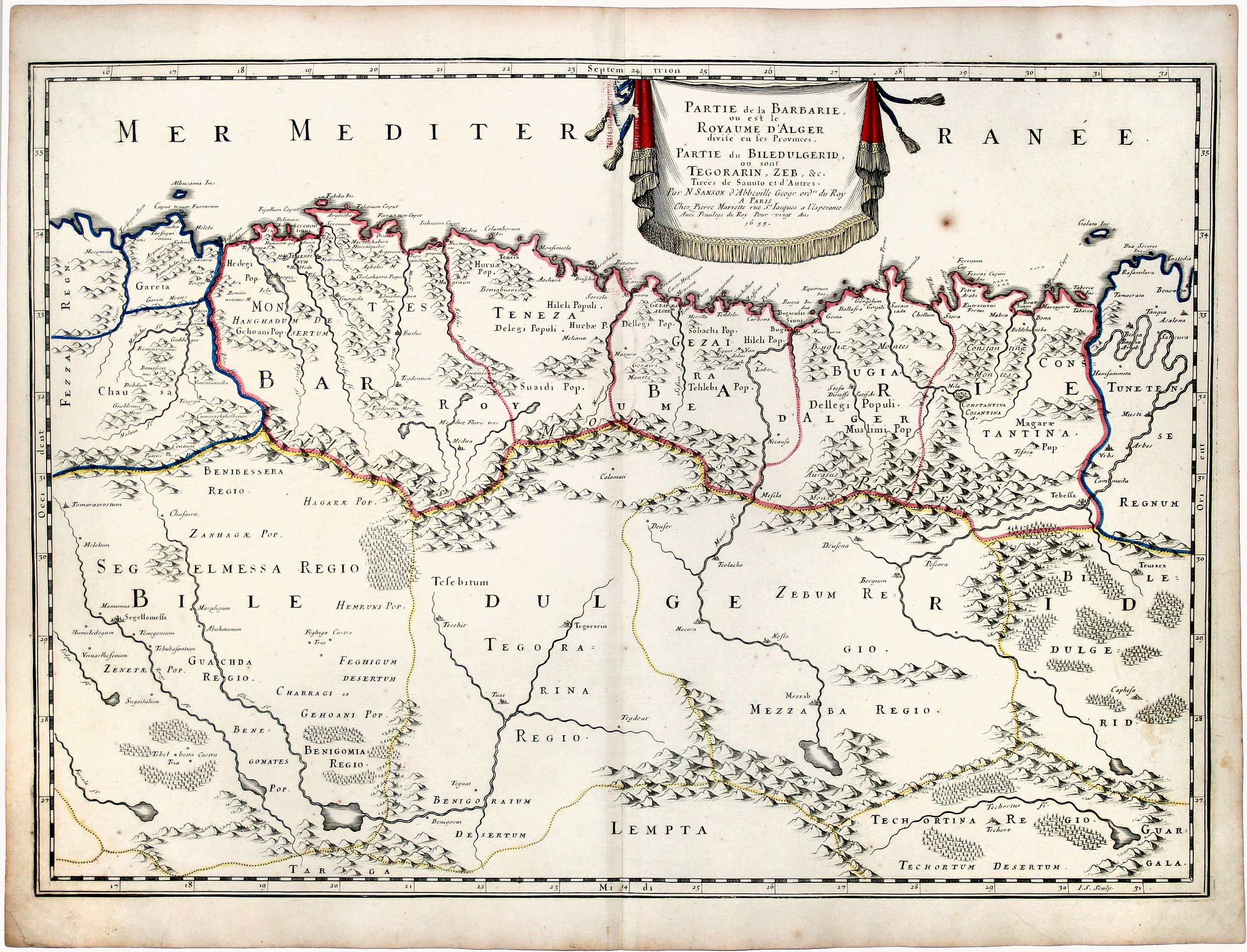 SANSON, Nicolas., Partie de la BARBARIE ou est le ROYAUME D' ALGER divise en les Provinces PARTIE du BILEDULGERID, ou sont TEGORARIN, ZEB, & ... 1655., antique map, old maps