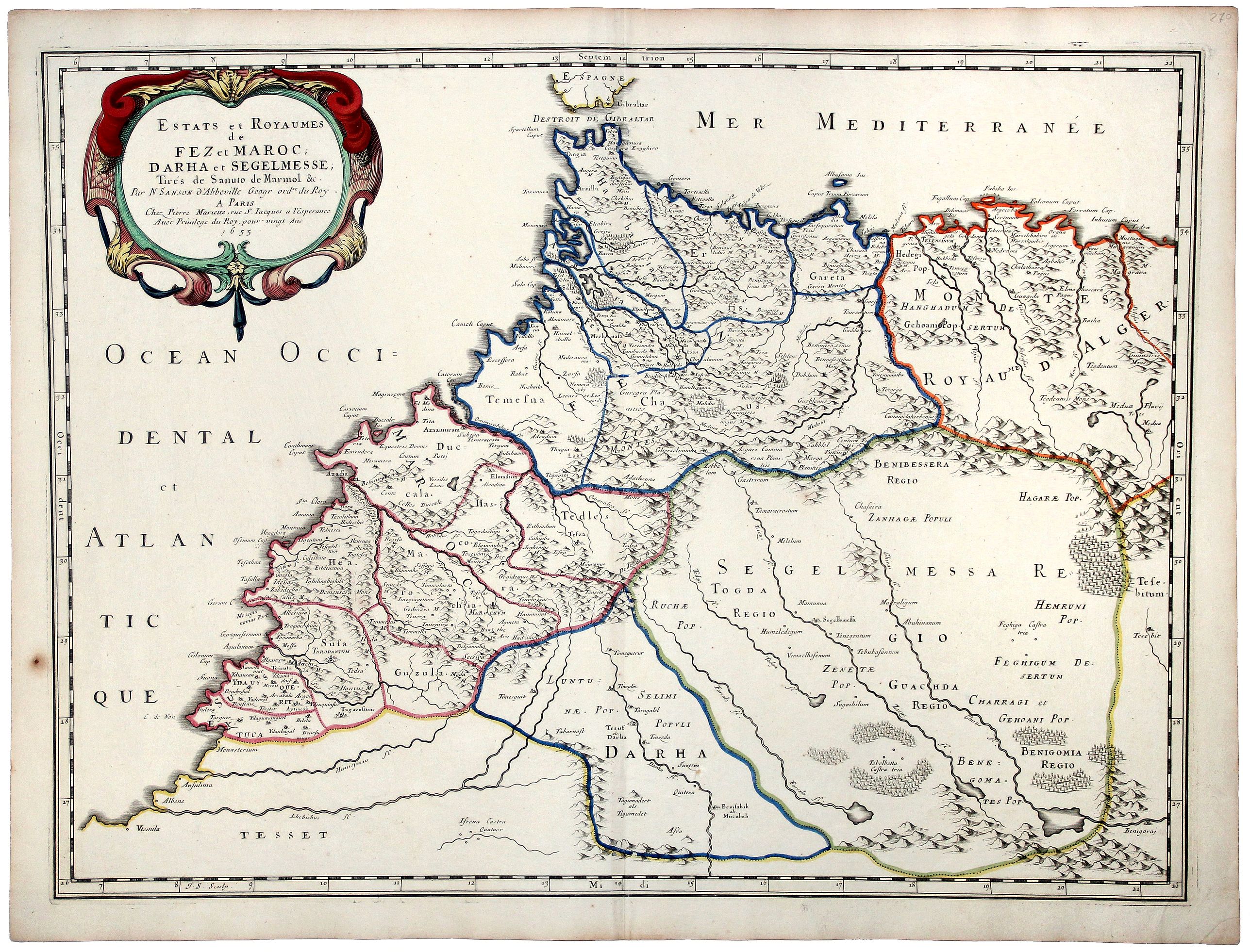 SANSON, Nicolas., Estats et Royaumes de FEZ et MAROC, DARHA et SEGELMESSE, ... 1655., antique map, old maps