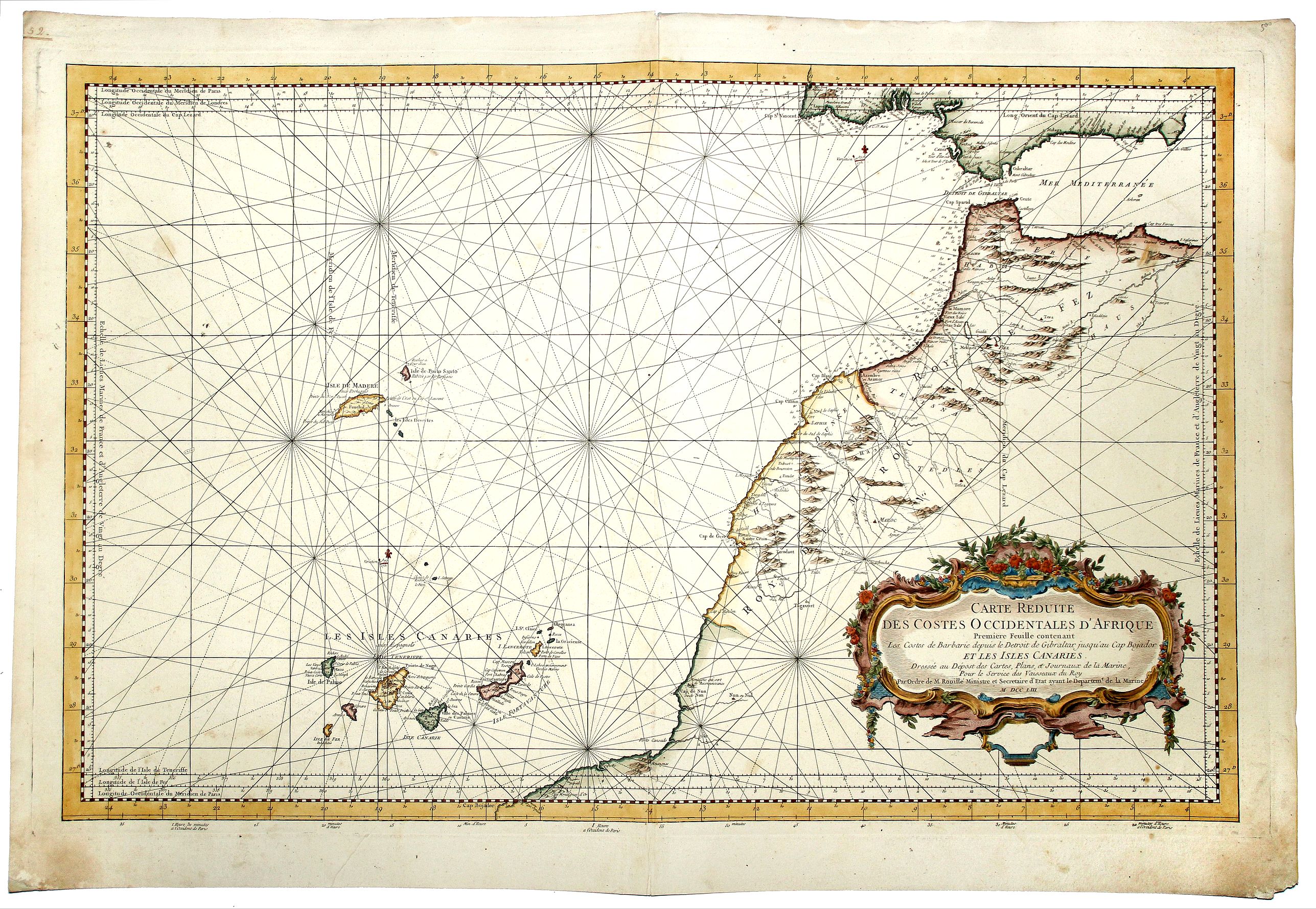 BELLIN, Jacques Nicolas, Carte Reduite DES COSTES OCCIDENTALES D' AFRIQUE Premiere fouille contenant Les Costs de Barbarie depuis le Detroit de Gibraltar, jusqu' au Cap Bojardo et Les Isles Canaries, antique map, old maps