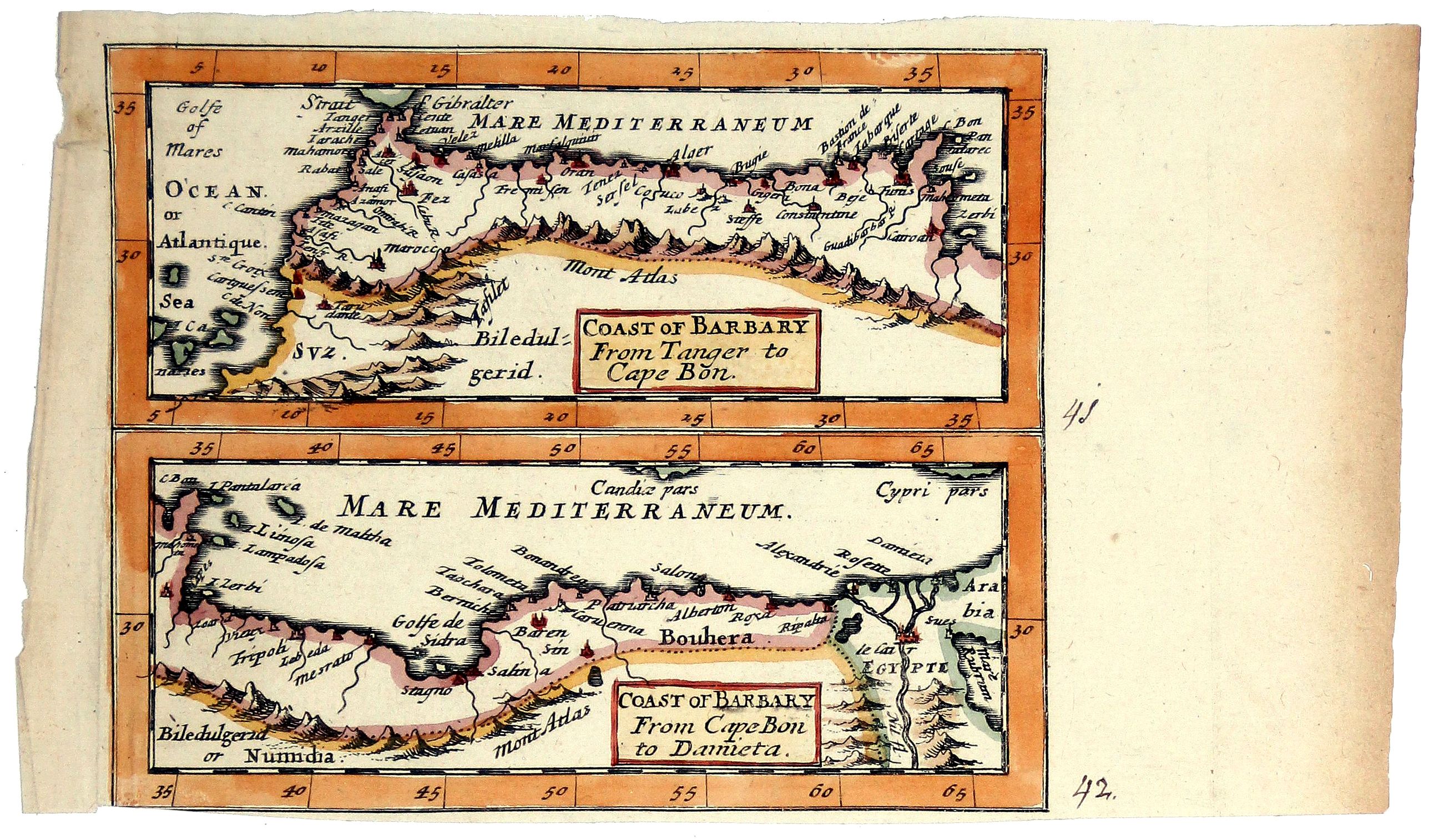 MOORE, Jonas Sir, COAST OF BARBARY. From Tanger to Cape Bon / COAST OF BARBARY. From CapeBon to Damieta., antique map, old maps