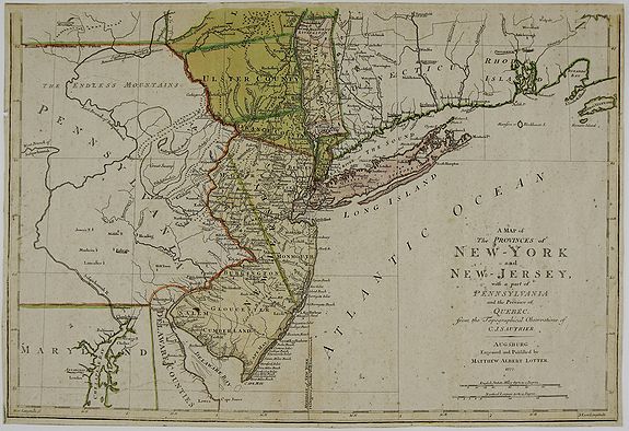 LOTTER, M. A., A Map of The Provinces of New-York and New-Jersey, with a part of Pennsylvania and the Province of Quebec from the Topographical Observations of C. J. Sauthier., antique map, old maps