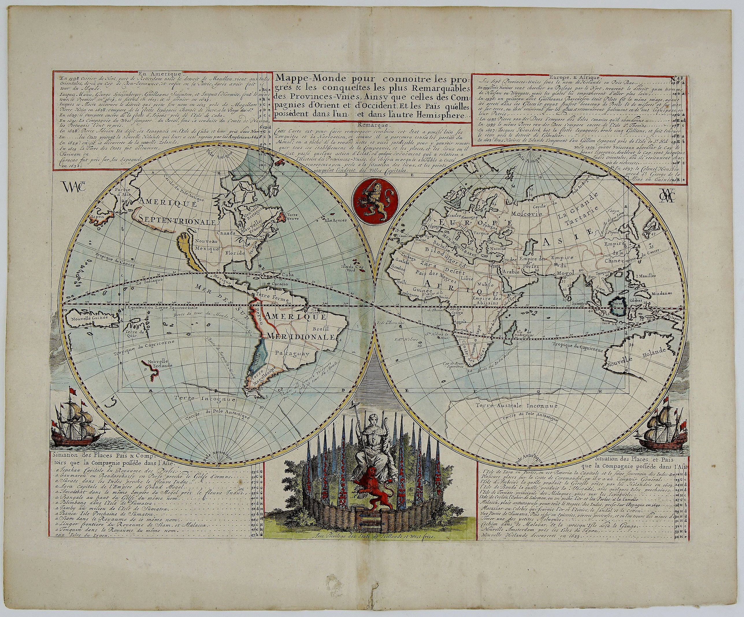 CHATELAIN, H. A., MAPPE-MONDE pour connoitre les progrès & les conquestes les plus Remarquables des Provinces-Unies..., antique map, old maps