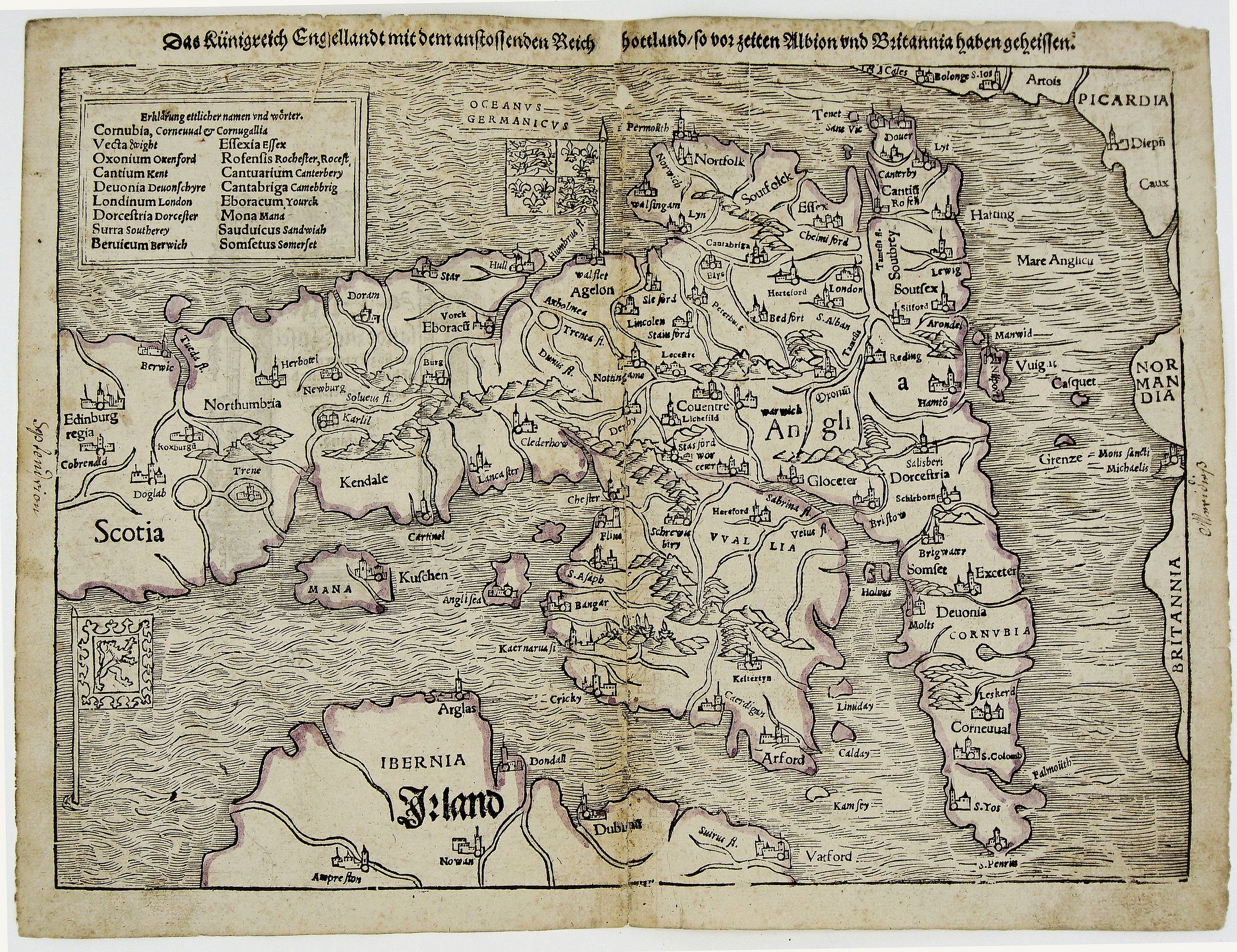 MÜNSTER, S., Das Kunigreich Engellandt mit dem Anstossenden Reich Schottlandt so vor Zeiten Albion und Britannia haben Geheissen, antique map, old maps