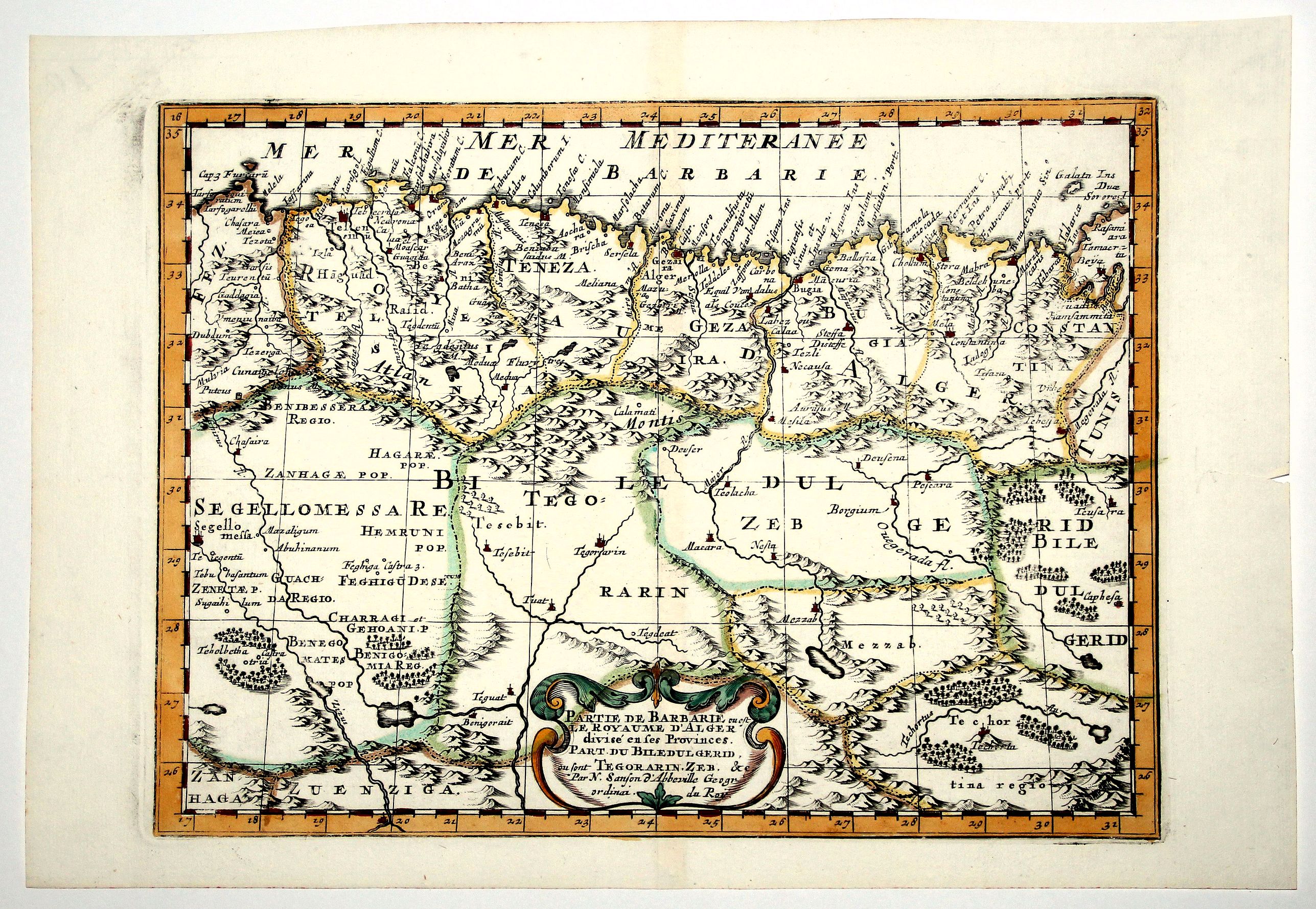 SANSON D'ABBEVILLE, N., Partie de BARBARIE, ou est Le ROYAUME D' ALGER divise en ses Procinces part de BILEDULGERID ou sont TEGORARIN. ZEB. &c., antique map, old maps