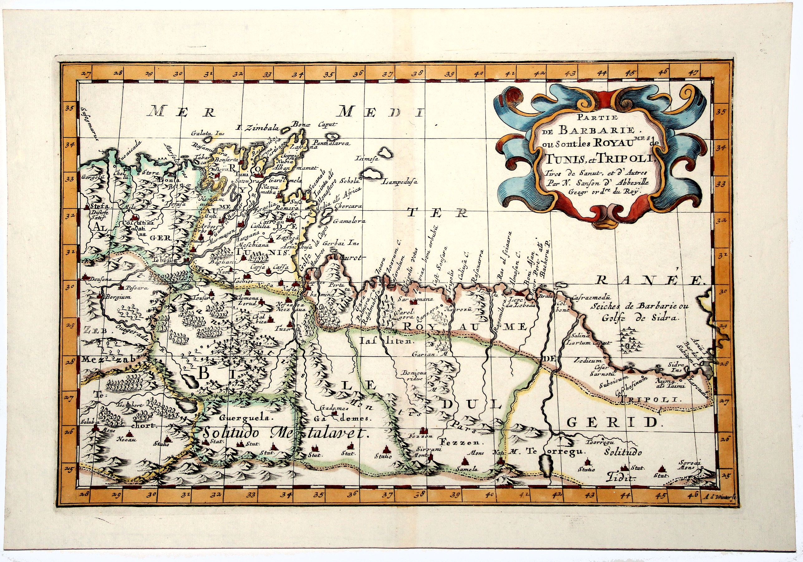 SANSON D'ABBEVILLE, N., Partie de BARBARIE ou Sont les ROYAUMES de TUNIS et TRIPOLI., antique map, old maps