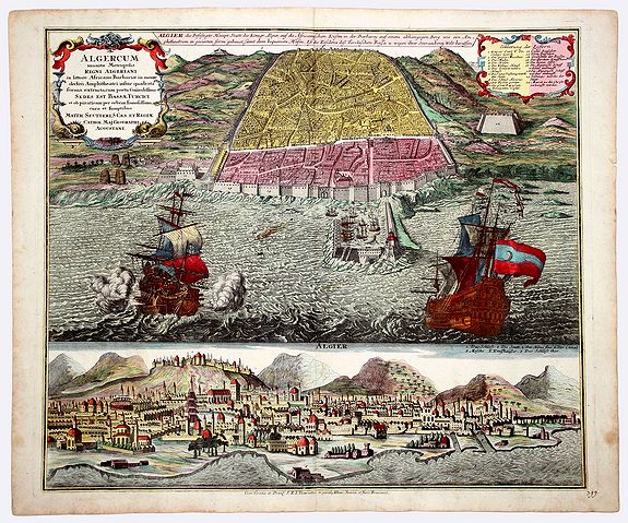 SEUTTER, Matthias., ALGERUM munita Metropolis REGNI ALGERIANI in littore Africano Barbariae in monte delici Amphitheatri instar quadrata forma… , antique map, old maps