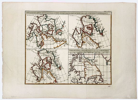 VAUGONDY, M. / ELLIS, Henri., Carte qui represente les differentes connoissances que L'on a eues des Terres Arctiques depuis 1650. . . CARTE DE LA BAYE D' HUDSON., antique map, old maps