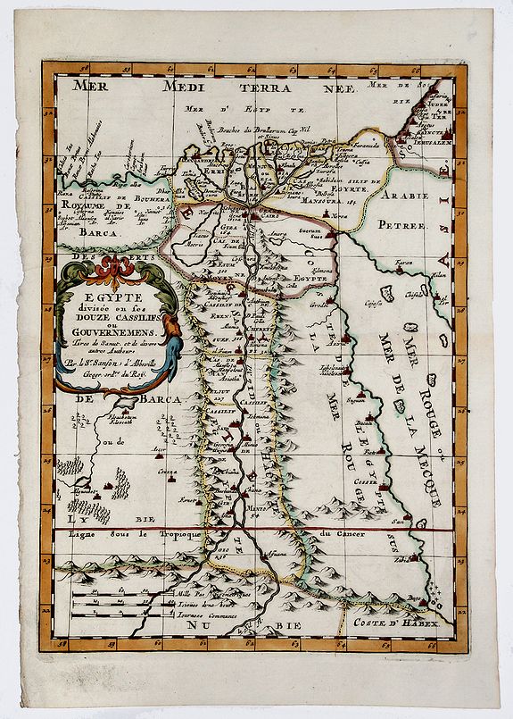 SANSON D'ABBEVILLE, N., EGYPTE divisee en ses DOUZE CASSILIFS, ou GOUVERNEMENS., antique map, old maps