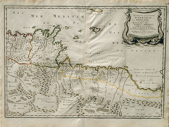 N. Sanson / P. Mariette., Partie de la Coste de Barbarie en Africque ou sont les Royaumes de Tunis, et Tripoli et Pays Circomvoisins., antique map, old maps