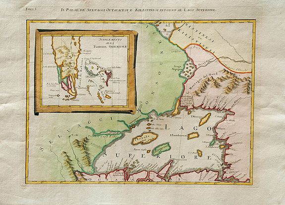 ZATTA, A., Il Paese De' Selvaggi Outauacesi, E Kilistinesi Intorna Al Lago Superiore., antique map, old maps