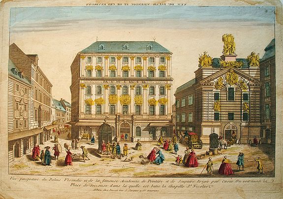 BASSETT., Vue perspective du Palais Visendic et de la fameuse Academie de Peinture et de Scupture Erigée par Caesar., antique map, old maps