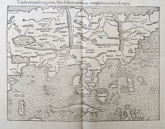 MÜNSTER, S., Tabula orientalis regionis, Asiae scilicet extremas complectens terras et regna., antique map, old maps
