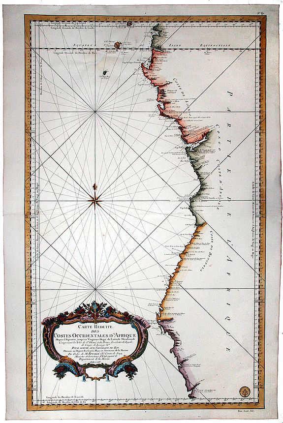 BELLIN, J.N., Carte Reduite des COSTES OCCIDENTALES D'AFRIQUE. Depuis l' Equator, jusqu'ua Vingtieme Degre de Latitude Meridionale Comprenant les Isls de St. Thome det du Prince. . ., antique map, old maps