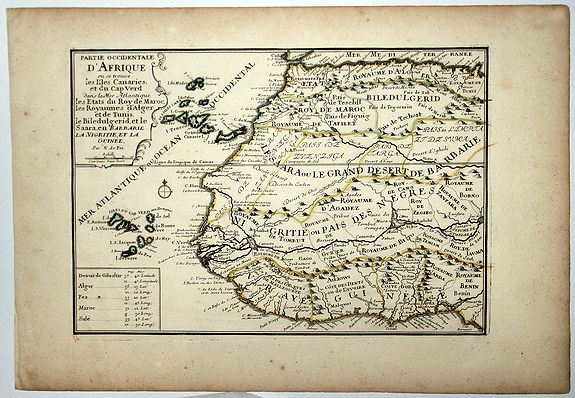 DE FER, N., Partie Occidentale d' Afrique ou se trouve les isles Canaries, et du Cap Verd dans la mer Atlantique. Les Etats du Roy de Maroc, des Royaumes d'Alger et de Tunis. . ., antique map, old maps