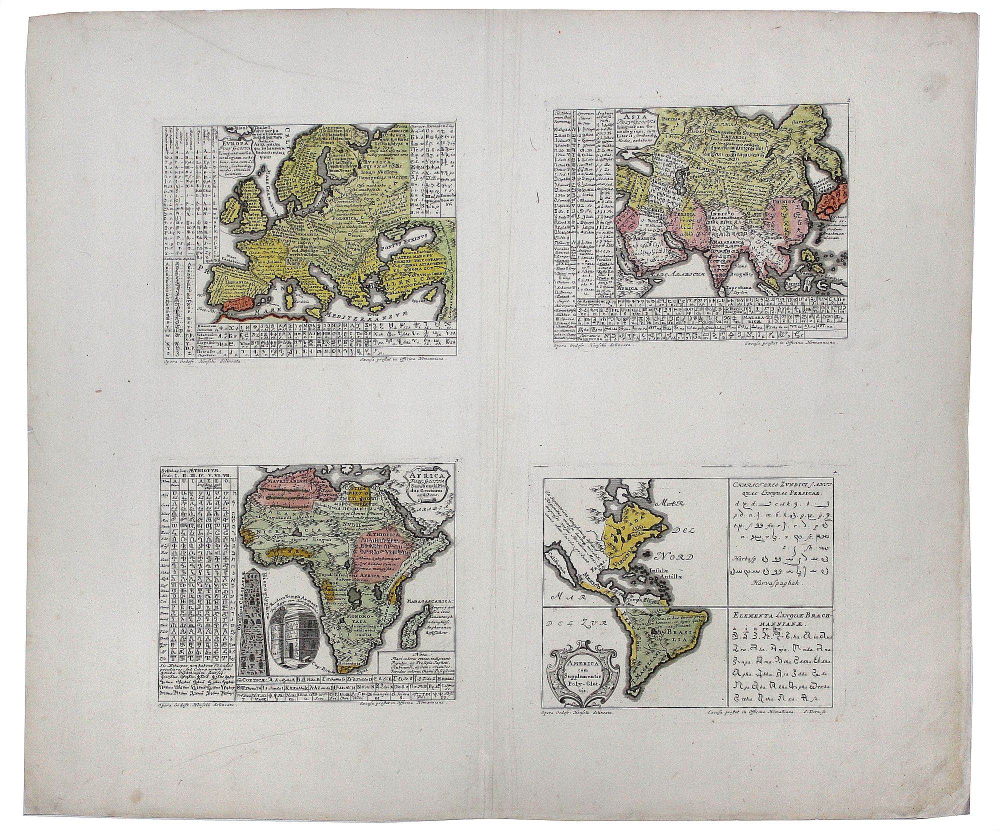 HOMMAN HEIRS / HENSEL, Gottfried., EUROPA... / AFRICA... / ASIA... / AMERICA, Poly-Glotta. . ., antique map, old maps