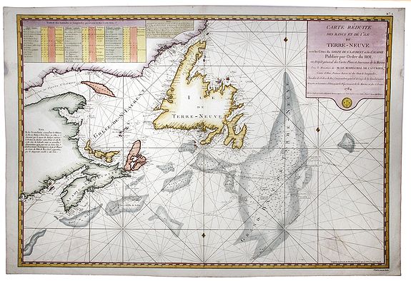 DÉPOT GÉNÉRAL DE LA MARINE., Carte Reduite des Bancs et de L'Ile de TERRE-NEUVE avec les Cotes du Golfe de St. Laurent et de l'Acadie., antique map, old maps