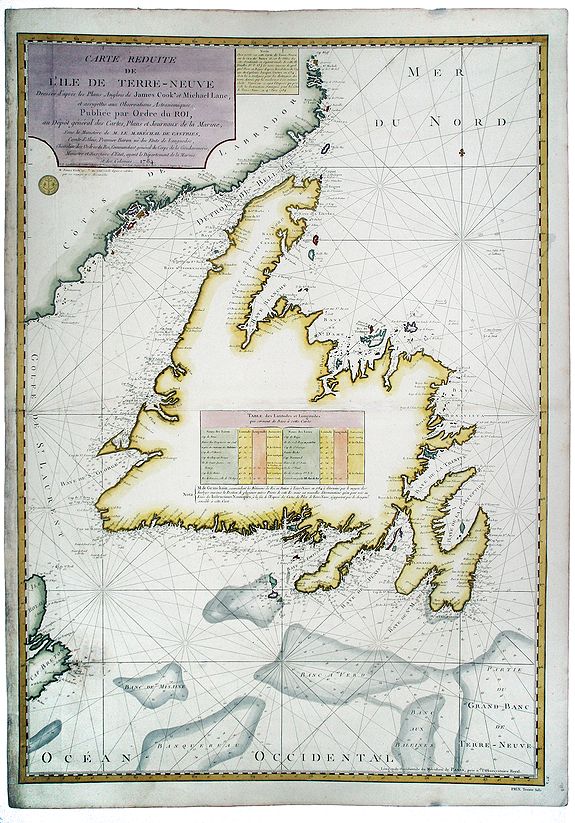 BELLIN, J.N., Carte de L'Ile de Terre-Neuve. Dressee d'apres les Plans Anglois de James Cook et Michael Lane. . ., antique map, old maps