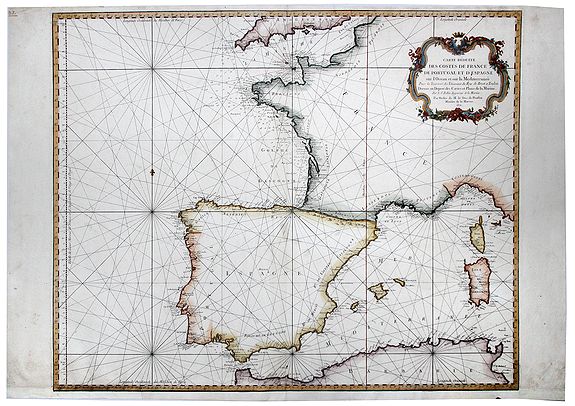 BELLIN, J.N., Carte Reduite Des Costes de France, De Portugal, et D'Espagne sur l'Ocean et sur la Mediterranee. 1771., antique map, old maps
