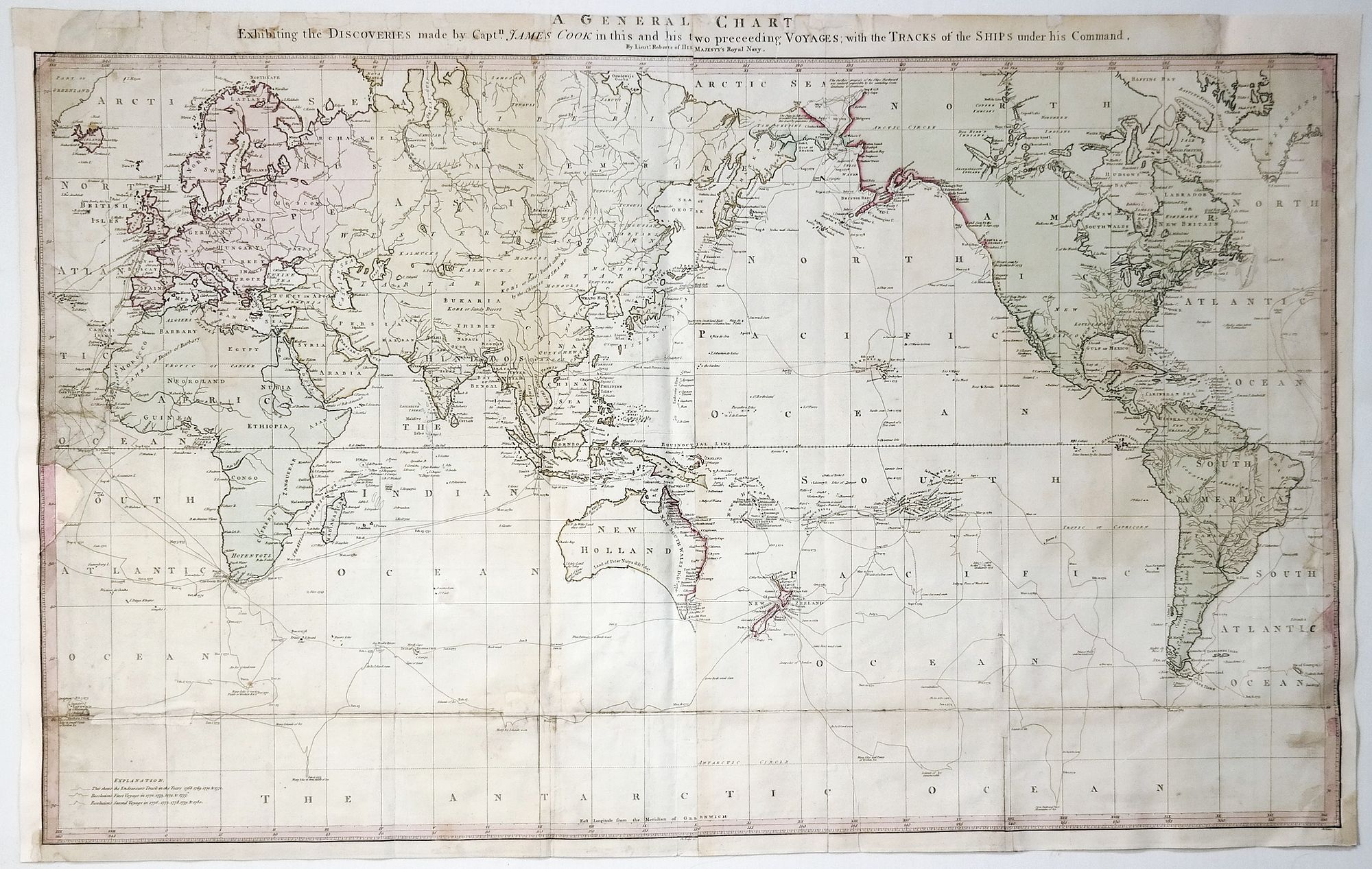 FAYDEN & ROBERTS., A General Chart Exhibiting the Discoveries Made by Captn. James cook in This and his two Preceding Voyages. . ., antique map, old maps