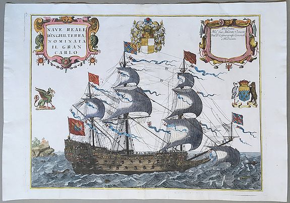 CORONELLI, Vicenzo, Nave reale d'Inghilterra nominata Il Gran Carlo, antique map, old maps