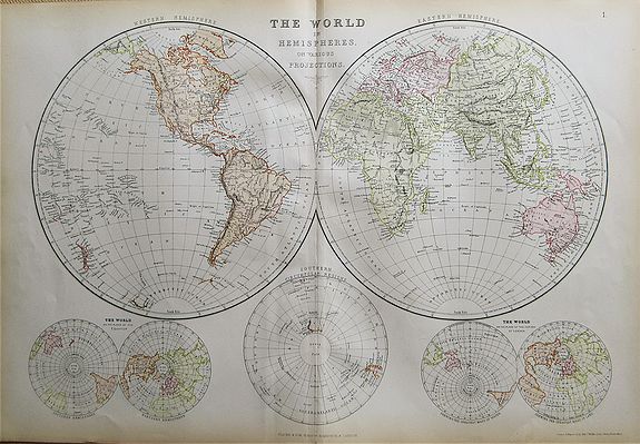 WELLER, Edward., The World in Hemispheres on Various Projections. , antique map, old maps