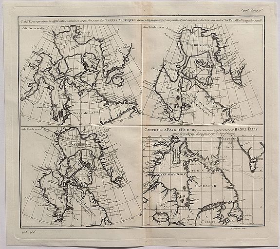 VAUGONDY, G.R. de, Carte Qui Represente les Differentes Connoissances que Lion Eues des Terres Arctiques. . ., antique map, old maps