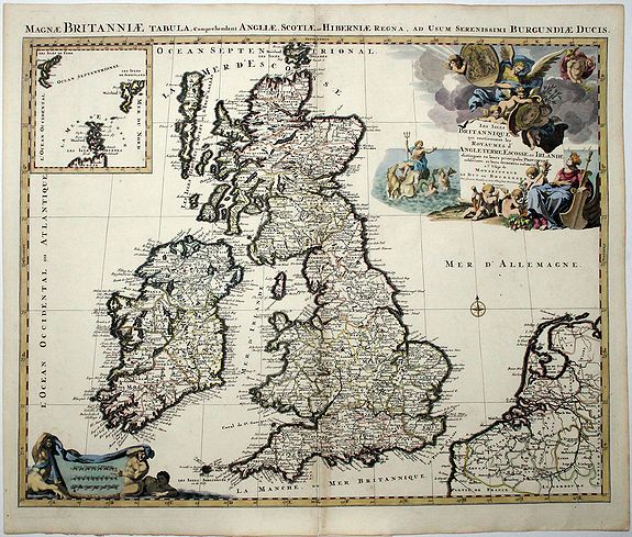 JAILLOT, A-H., Magnae BRITANNIAE tabula, Comprehendens ANGLIAE, SCOTIAE et HIBERNIAE Regna, ad Usum Seremosso,o Burgunduae Ducis., antique map, old maps