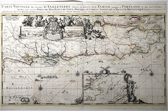 DE HOOGHE, Romeyn / MORTIER, Pierre, Carte Nouvelle des Costes d'Angleterre depuis la Riviere de la Tamise jusques à Portland. . .1693., antique map, old maps