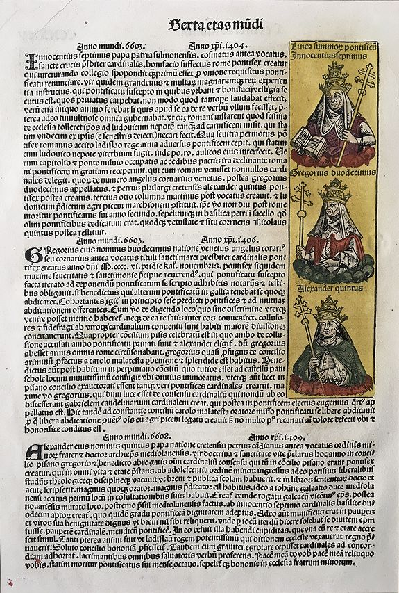 SCHEDEL, Hartmann WOLGEMUT, Michael, PLEYDENWURFF, Linea summon pontifical: Innocentius Septimus, Gregorius Duodecimus, Alexander Quintus., antique map, old maps
