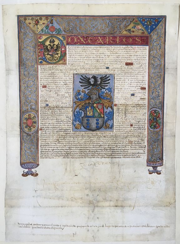 ANONYMOUS., Emperor Charles V, Carta executoria for Gregorio de Castro, manuscript on vellum, 1536., antique map, old maps