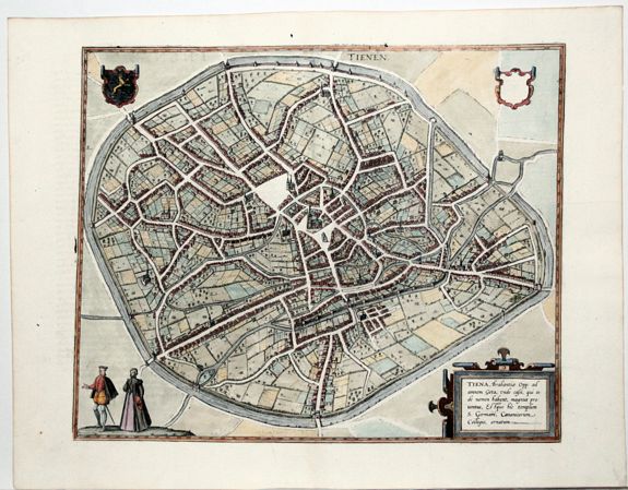 BRAUN, G. / HOGENBERG, F., Tiena, Brabantiae Opp: ad amnem Geta, unde casei, qui inde nomen habent, magnus proventus, Estque hic templum S. Germani, Canonicorum Collegio, ornatum (Tienen), antique map, old maps