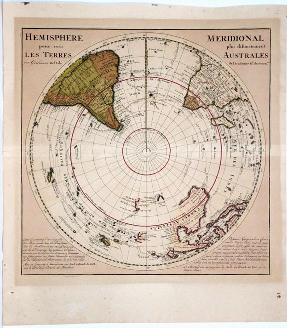 DELISLE, Guillume / Hend de LETH, Hemisphere Pour Voir Les Terres Meridionale Plus Distinctement Australes., antique map, old maps