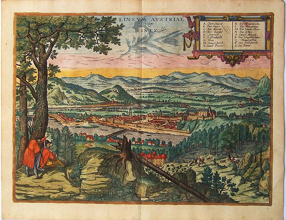 BRAUN, Georg / HOGENBERG, Frans., Linsum Austriae vulgo Lintz. Linz., antique map, old maps