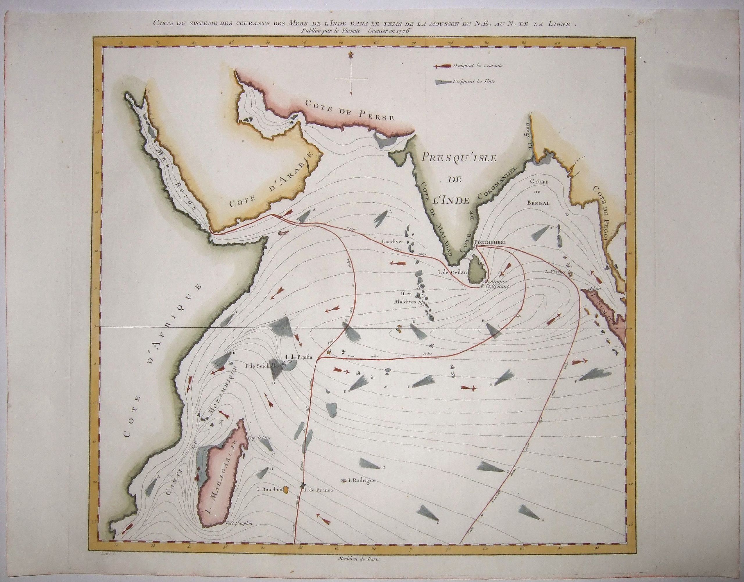 DE GRENIER, Vicomte., Carte du Sisteme des Courants des Mers de l'Inde dans le Tems de la Mousson du N.E. au N. de la Ligne, Publie. . ., antique map, old maps