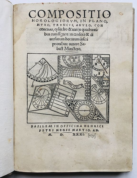 MÜNSTER, Sebastian., Compositio horologiorum, in plano, muro, truncis, anulo, con concavo, cylindro & variis quadrantibus, cum signorum zodiaci & diversarum horarum inscriptionibus., antique map, old maps