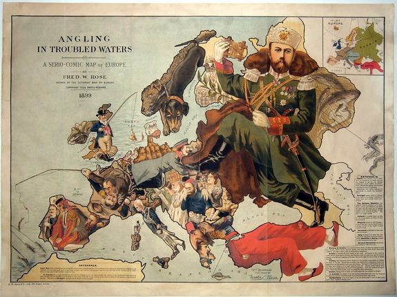 ROSE, Frederick William. , Angling in Troubled Waters A Serio-Comic Map of Europe by Fred. W. Rose Author of the 'Octopus Map of Europe' 1899., antique map, old maps