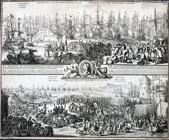HOOGHE, R. DE, Vertrek van S.K.H. NA Engeland den 11. Nov. 1688 & Aenkomst van S.K.H.D.P. van Orangie in Engeland, den 15. en 16. Nov. 1688. . ., antique map, old maps