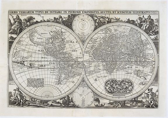 VISSCHER, C. J. , Orbis Terrarum Typus de Integro in Plurimis Emendatus, Auctus, et Icunculius Illustratus., antique map, old maps