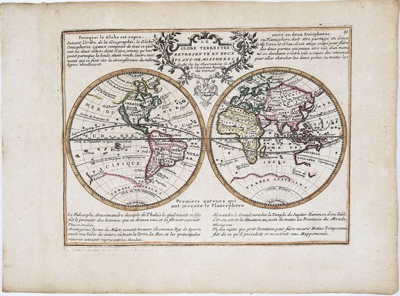 CHIQUET, J., Le Globe Terrestre Represente en Deux Plans-Hemispheres . . .1729, antique map, old maps