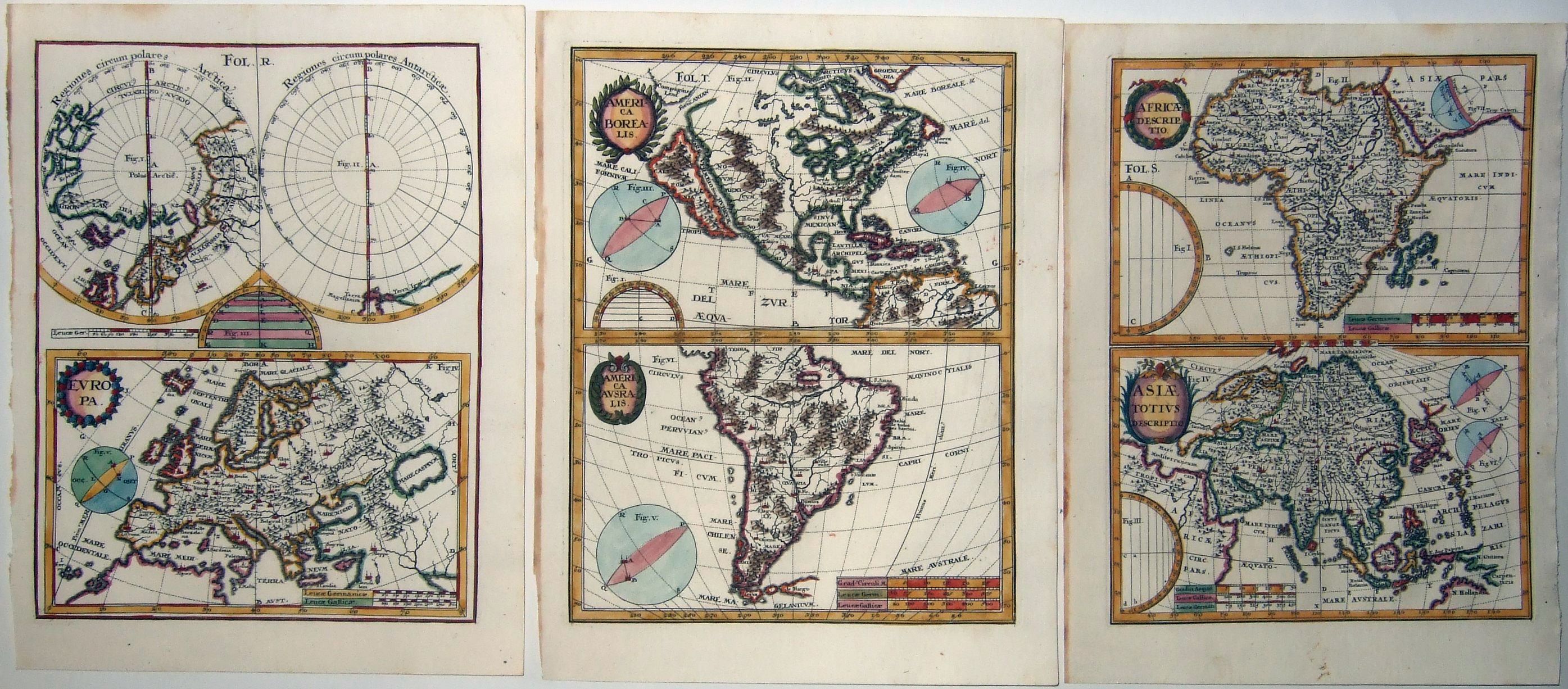 SCHERER, Heinrich., World in 7 maps on 3 sheets - AMERICA BOREALIS + AUSRALIS, AFRICAE + ASIAE TOTIUS DESCRIPTIO, EUROPA + REGIONES CIRCUM POLARAS ARCTICA/ANTARTICAE., antique map, old maps