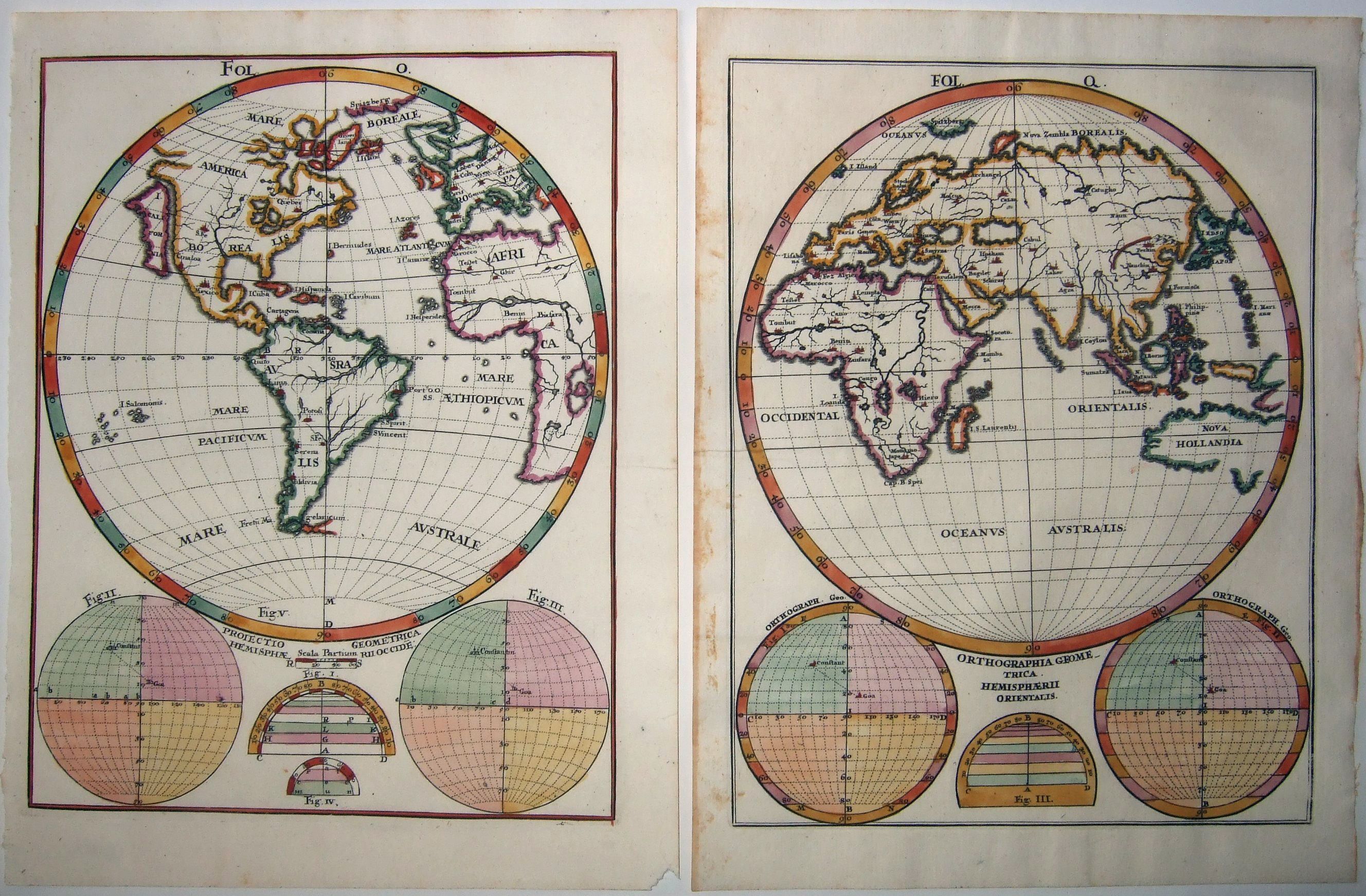 SCHERER, Heinrich., World in 2 sheets, PROIECTIO GEOMETRICA HEMISPHAERII OCCIDE & ORTHOGRAPHIA ORIENTALIS., antique map, old maps