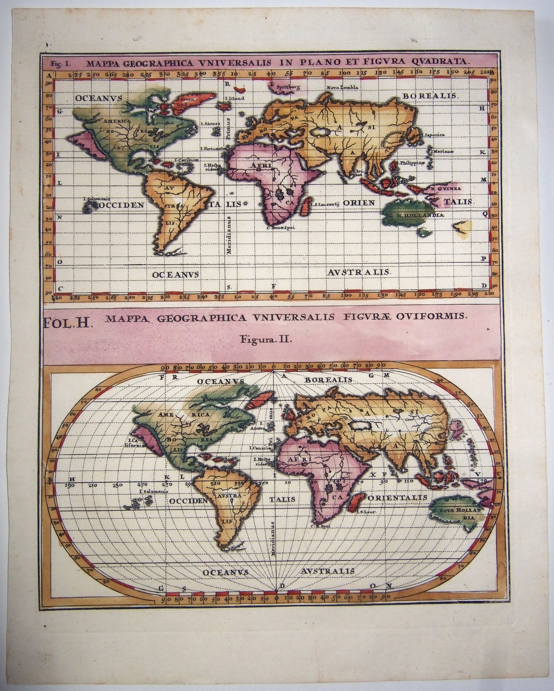SCHERER, Heinrich., Two World maps on one sheet, MAPPA GEOGRAPHICA UNIVERSALIS IN PLANO ET FIGURA QUADRATA & FIGURAE OVIFORMIS. , antique map, old maps