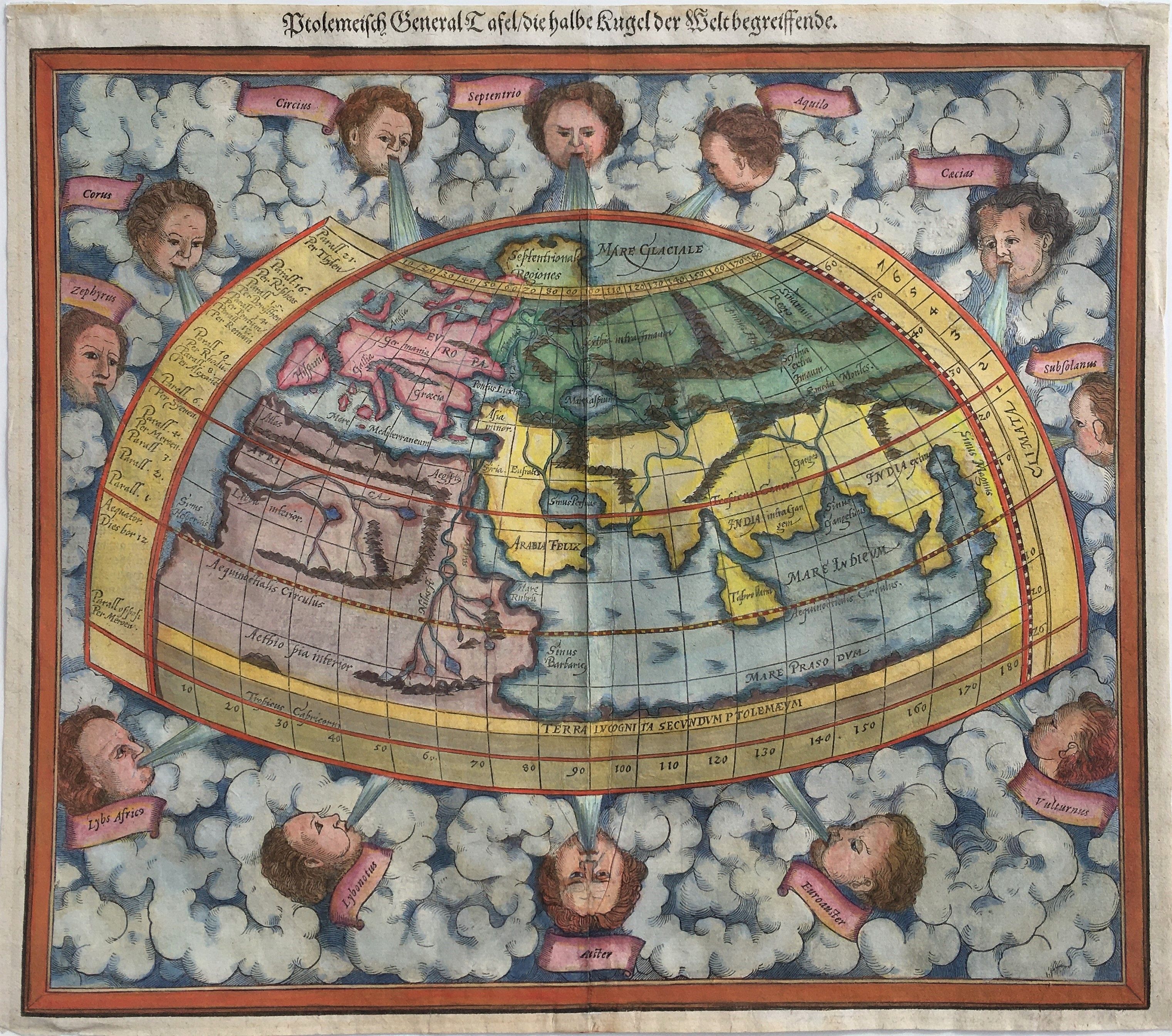 MÜNSTER, S., Ptolemeisch General Tafel, die Halbe Kugel der Welt Begreiffende. . ., antique map, old maps