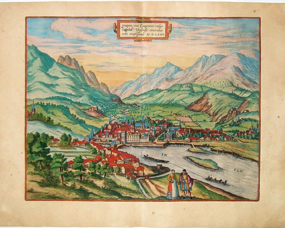 BRAUN & HOGENBERG., Oenipons, sive Enipontius vulgo Insspruck, Tirolensis Comitatus Urbs Amplissima MDLXXV., antique map, old maps