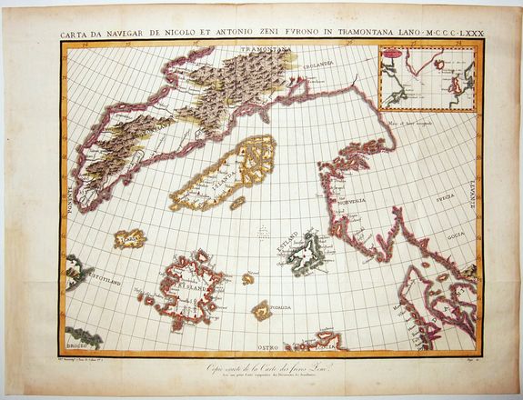 after ZENO., CARTA DA NAVEGAR DE NICOLO ET ANTONIO ZENI FURONO IN TRAMONTANA LANO MCCCLXXX. . ., antique map, old maps