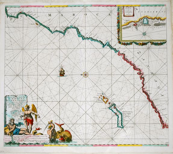 VAN KEULEN J., Nieuwe Pascaert van de Kuste van Maroca en Zanhaga..van C.Cantin tot C.Bajador....'t I.Lancerota en 't I.Forteventura., antique map, old maps