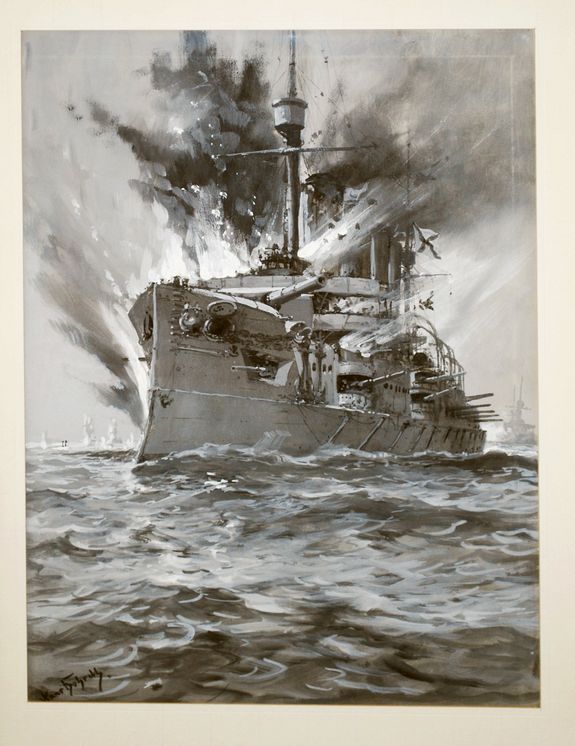 BOHRDT, Hans., Maritime monochrome wash drawing. Submarine warfare World War I . An unidentified English cruiser hit by a torpedo from a German submarine.
, antique map, old maps