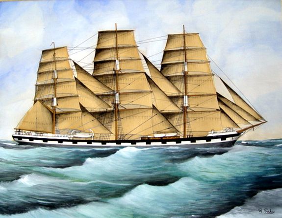 TAKES, R. , Three-Masted Sailing Ship, a so-called 'captain's portrait', antique map, old maps